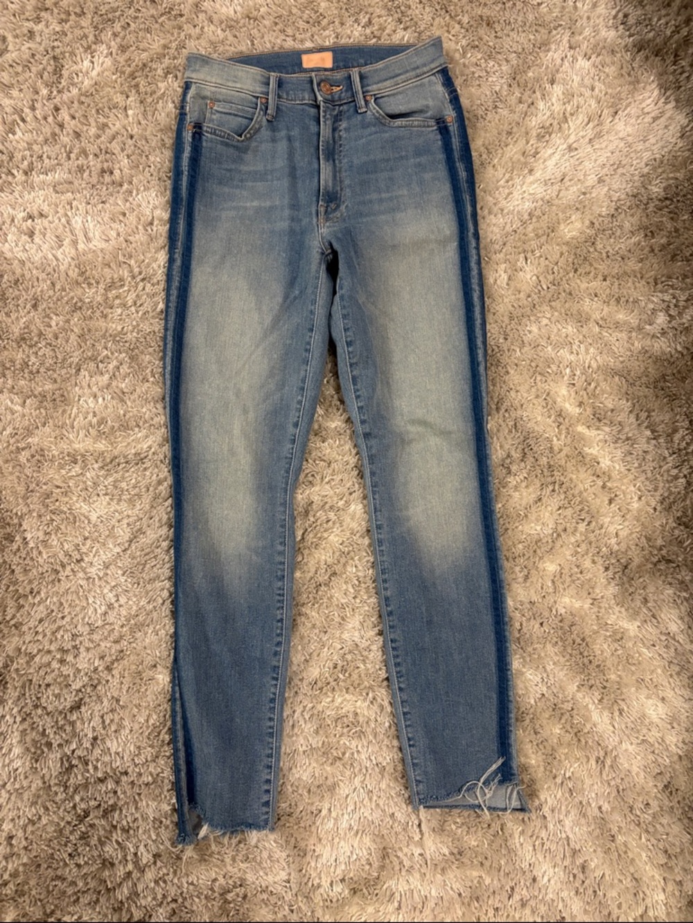 MOTHER denim Two-Tone Blue Skinny Jeans with Dark Side Panels. Stunner zip ankle